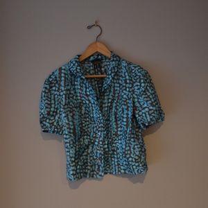 Teal Brown Silk Printed Shawl Collar Short Sleeve
